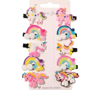 Accesorii de par tip agrafe, set 10 bucati, accesorizate cu personaje haioase, model vesel si versatil, tematica puterea culorilor, roz multicolor