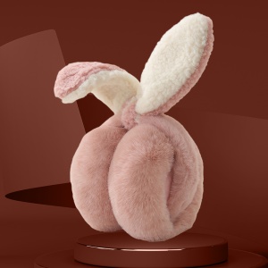 Acoperitori pentru urechi, protectie impotriva frigului, model casti pufoase cu urechi lungi de iepuras, pliabile, tematica happy bunny, marime universala, roz inchis - Img 2