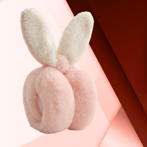 Acoperitori pentru urechi, protectie impotriva frigului, model casti pufoase cu urechi lungi de iepuras, pliabile, tematica happy bunny, marime universala, roz deschis - Img 3