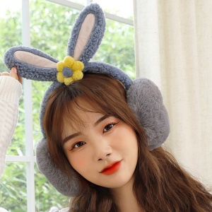 Acoperitori pentru urechi, protectie impotriva frigului, model casti dama cu urechiuse de iepuras si fundita, tematica flower bunny, marime universala, albastru - Img 4