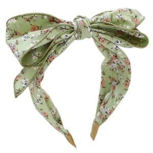 Bentita de par, model cu funda voluminoasa, imprimeu floral, tematica I love flowers, marime universala, verde