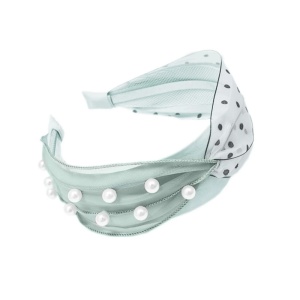 Bentita pentru par cu nod, model delicat si pretios, imprimeu cu buline si accesorii perlute, marime universala, verde