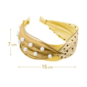 Bentita pentru par cu nod, model delicat si pretios, imprimeu cu buline si accesorii perlute, marime universala, galbena - Img 3