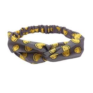 Bentita pentru par elastica, model jucaus, gri cu imprimeu smiley face, marime standard
