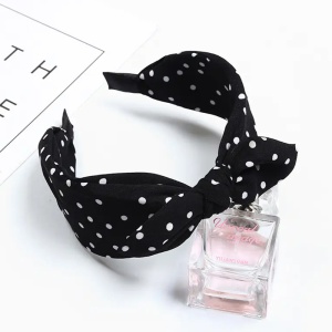 Bentita pentru par, model feminin, cu imprimeu buline chic si detaliu fundita, marime universala, neagra - Img 3