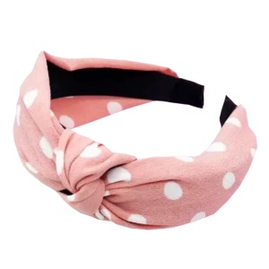Bentita pentru par, model nod de cravata, roz cu buline albe, marime standard