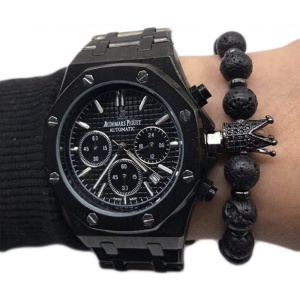Bratara barbateasca fashion king din roca vulcanica neagra semipretioasa, cu bijuterii tip coroana din zirconiu, 19 cm, - Img 3