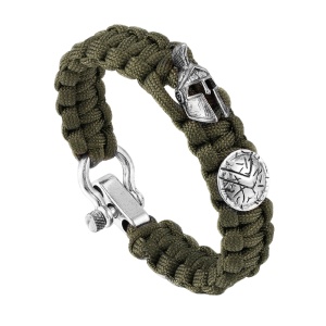 Bratara barbati, model impletit, pandantiv casca si scut razboinic spartan, dimensiune fixa, verde,