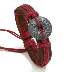 Bratara cu rune si amuleta vikinga, model nordic, reglabila, unisex, rosie,