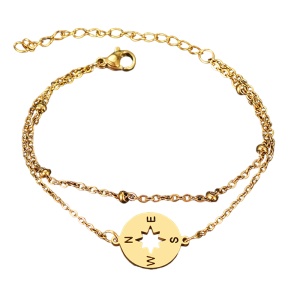 Bratara dama, dublata, model busola, pandantiv rotund cu puncte cardinale, cu accesorii bilute, aurie