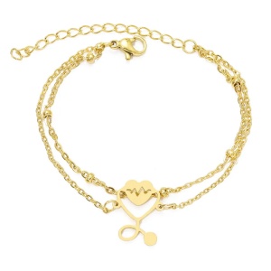 Bratara dama, dublata, model doctor heart, pandantiv inima cu stetoscop, cu accesorii bilute, reglabila, aurie