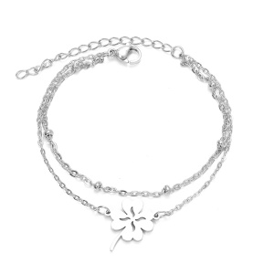 Bratara dama, model dublat cu accesorii bilute, tematica lucky charm, pandantiv trifoi cu patru foi, reglabila, argintie