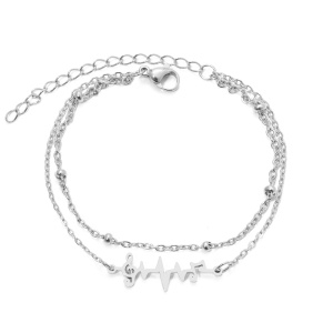 Bratara dama, model dublat cu accesorii bilute, tematica music is my life, pandantiv fantezie muzicala cheia sol cu puls si note, reglabila, argintie