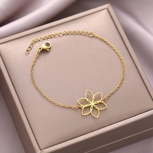 Bratara dama, model floral delicat, pandantiv floare, reglabila, aurie - Img 2