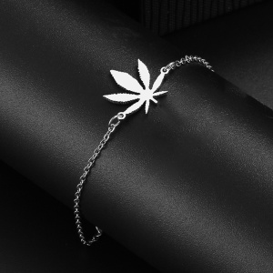 Bratara dama, model marijuana, pandantiv frunza fericirii, tematica too high, reglabila, argintie - Img 3
