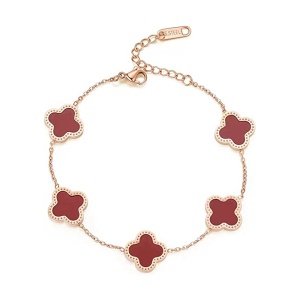 Bratara dama, model norocos, M2, trifoi cu 4 foi, bronz, reglabila, cu accesorii rosii