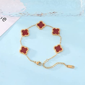 Bratara dama, model norocos, trifoi cu 4 foi, aurie, reglabila, cu accesorii rosii - Img 4