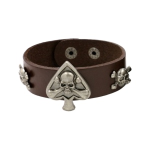 Bratara de piele ecologica, model gambler accesorizat cu capete de schelet, tematica lucky hand, unisex, maro, - Img 3