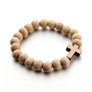 Bratara din lemn natural cu pandantiv cruce, creata manual, crem, , unisex