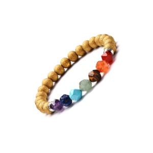 Bratara energetica creata manual, din roca vulcanica, 7Chakras, pietre semipretioase, unisex, sidefata, aurie - Img 2
