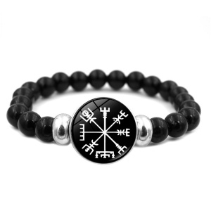 Bratara, model compas viking, accesoriu amuleta runa nordica, elastica, unisex, negru cu alb,