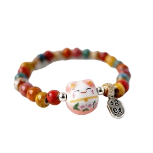 Bratara, model cu margele si pisica simpatica, tematica lucky cat, elastica, unisex, roz
