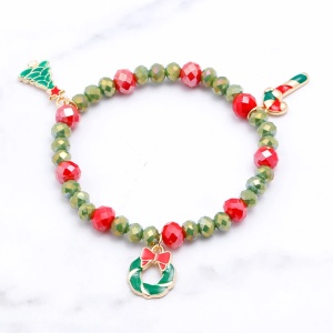 Bratara, model festiv si delicat, tematica Christmas is here, accesorii vesele, bradut, acadea si coronita, elastica, unisex, verde deschis - Img 3