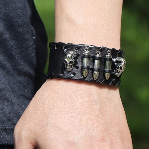 Bratara punk rock, model cu gloante si cap de schelet, reglabila, tematica bullet rush, unisex, neagra, - Img 2