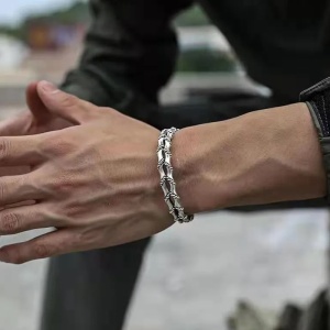 Bratara retro, model legamant cu layer dublu, tematica bamboo metal, unisex, argintie, - Img 2