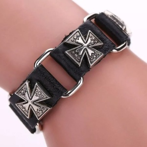 Bratara retro punk, model cu cruci multiple, tematica religioasa, reglabila, unisex, neagra, - Img 3