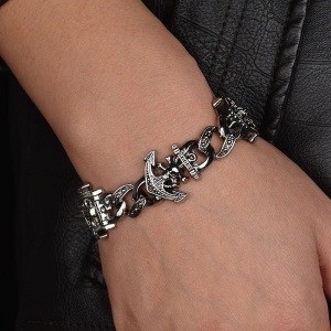 Bratara sailor life, model cu pandantive ancora si pirate skull, tematica dark sea life, unisex, argintie, - Img 2