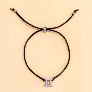 Bratara semn zodiac gemeni argintiu, creata manual, neagra, unisex - Img 3