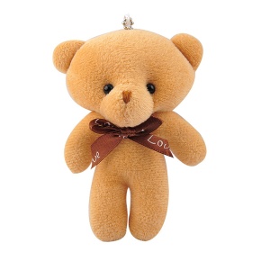 Breloc, model cu ursulet prietenos, accesorizat cu fundita de cadou, tematica I love you, maro deschis