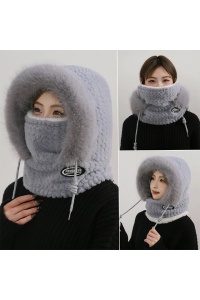 Caciula dama, model moale si pufos tip cagula cu guler inalt, reglabila cu snur, tematica warm and cozy winter, marime universala, gri - Img 2