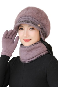 Caciula dama, set doua piese, model cu fular tip guler asortate, captuseala calduroasa, tematica cozy winter, marime universala, mov