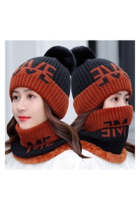 Caciula dama, set doua piese, model cu pom pom si fular tip guler asortat cu mesaj, captuseala calduroasa, tematica love me, marime universala, neagra - Img 3