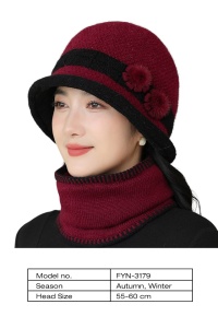 Caciula dama, tip palarie, set doua piese, model elegant cu guler tip fular, accesorizat cu floricele delicate, tematica elegant style, marime universala, rosu inchis - Img 4