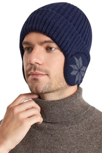 Caciula iarna, model cu protectie intarita pentru urechi, imprimeu fulg de zapada, captuseala moale si fina, tematica happy winter, unisex, marime universala, albastru navy - Img 4