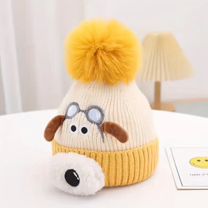 Caciula pentru copii, accesorizata cu botic de catel, model pom pom calduros, captuseala delicata, tematica I love dogs, 1 – 4 ani, galbena - Img 3