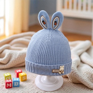 Caciula pentru copii, accesorizata cu urechiuse de iepuras, model minimalist, captuseala delicata, tematica little rabbit, 1 - 3 ani, albastra - Img 2