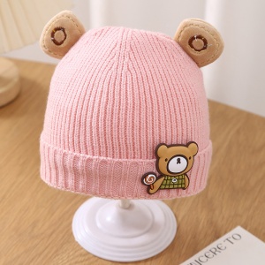 Caciula pentru copii, accesorizata cu urechiuse de ursulet, model minimalist, captuseala delicata, tematica little bear, 3 luni – 3 ani, roz - Img 2