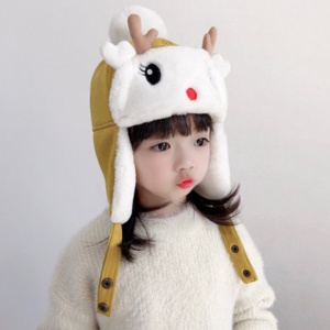 Caciula pentru copii, calduroasa, model cu fata vesela, cu ochisori, nasuc si urechi de caprioara, prindere in doua moduri cu capse, tematica I’m a happy deer, 1 – 5 ani, galbena - Img 2