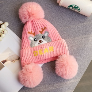 Caciula pentru copii, moale si calduroasa, model cu pom pom pufos multiplu, tematica little deer, 2 – 8 ani, roz aprins - Img 2
