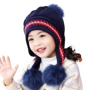 Caciula pentru copii, model cu pom pom si prindere reglabila sub barbie, tematica cute and funny, 3 - 9 ani, albastra inchis