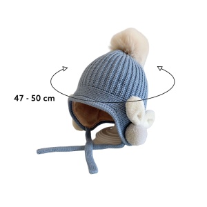 Caciula pentru copii, model cu pom pom si prindere reglabila sub barbie, accesorizata cu iepurasi la urechi, tematica little bunny in the winter, 1 – 3 ani, albastra - Img 4
