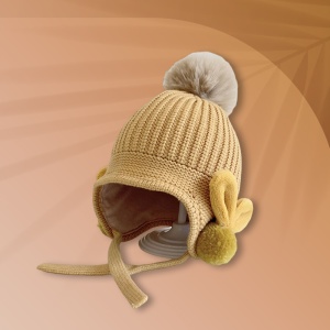 Caciula pentru copii, model cu pom pom si prindere reglabila sub barbie, accesorizata cu iepurasi la urechi, tematica little bunny in the winter, 1 – 3 ani, galbena - Img 2