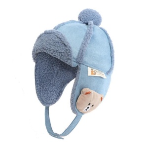Caciula pentru copii, model cu urechi si prindere cu scai sub barbie, accesorizata cu ursulet, tematica I love winter, 2 – 6 ani, albastra