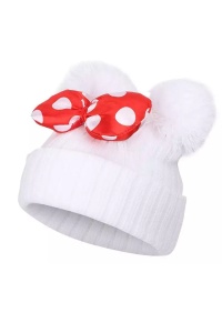 Caciula pentru copii, model cu urechiuse pom pom si funda chic, marime universala, alba
