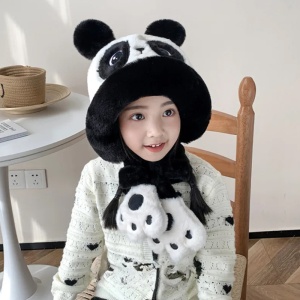 Caciula pentru copii, model de poveste cu prindere reglabila, panda prietenos, tematica lumea animalelor, 3 - 9 ani, alb cu negru - Img 4