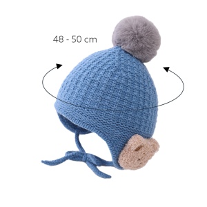 Caciula pentru copii, model pom pom si ursulet la urechi, prindere sub barbie reglabila, tematica prietenul meu blanos, 1 – 2 ani, albastra - Img 3